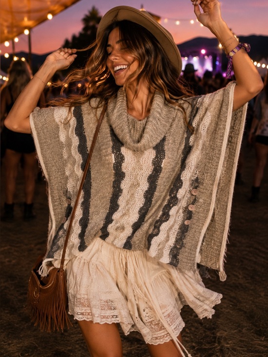 KEREN hart Sweaters - KEREN HART Boho Festival Oatmeal and Tan Cozy Wool Blend Cowl Neck Poncho, S/M